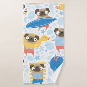 Cute pugs on vacation. pattern with cartoon pug on bath towel