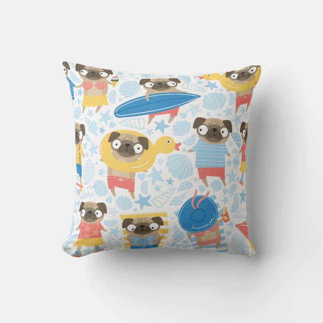 Cute pugs on vacation. pattern with cartoon pug on cushion (Front)