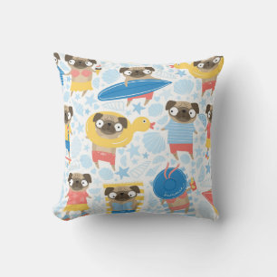 Cute pugs on vacation. pattern with cartoon pug on cushion