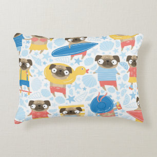 Cute pugs on vacation. pattern with cartoon pug on decorative cushion