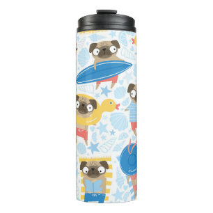 Cute pugs on vacation. pattern with cartoon pug on thermal tumbler