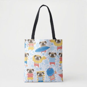 Cute pugs on vacation. pattern with cartoon pug on tote bag