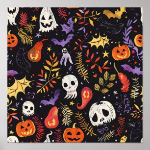 Cute Pumpkin and Skull Pattern Poster
