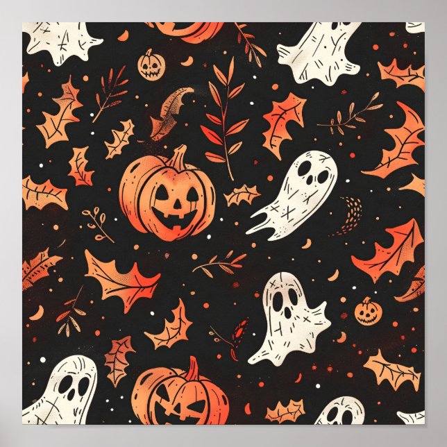 Cute Pumpkin and Skull Pattern Poster (Front)