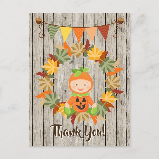 Cute Pumpkin Baby, Wreath of Leaves Fall Thank You Postcard (Front)