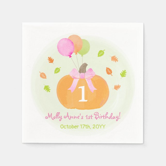 Cute Pumpkin & Balloons Fall 1st Birthday Girl Pap Napkin (Front)