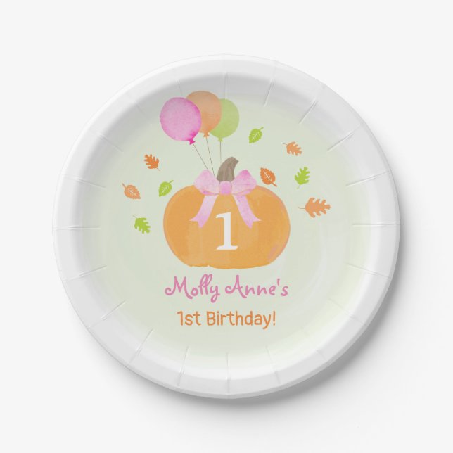 Cute Pumpkin & Balloons Fall 1st Birthday Girl Paper Plate (Front)
