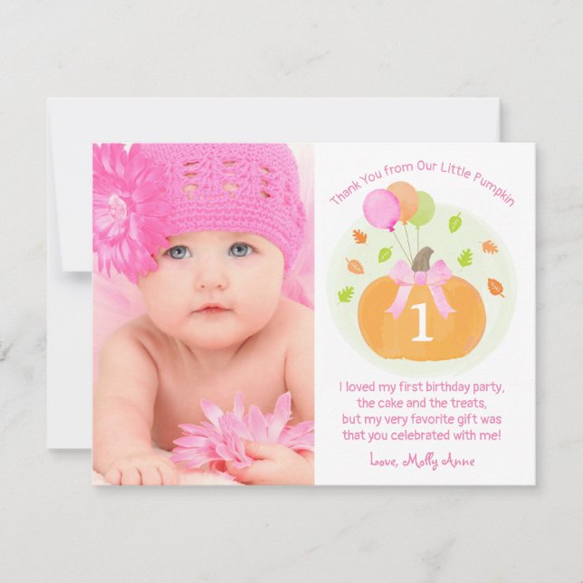 Cute Pumpkin & Balloons Fall 1st Birthday Girl Thank You Card (Front)