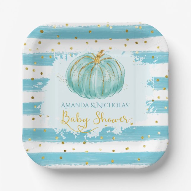 Cute Pumpkin Blue Stripes Baby Shower Paper Plate (Front)