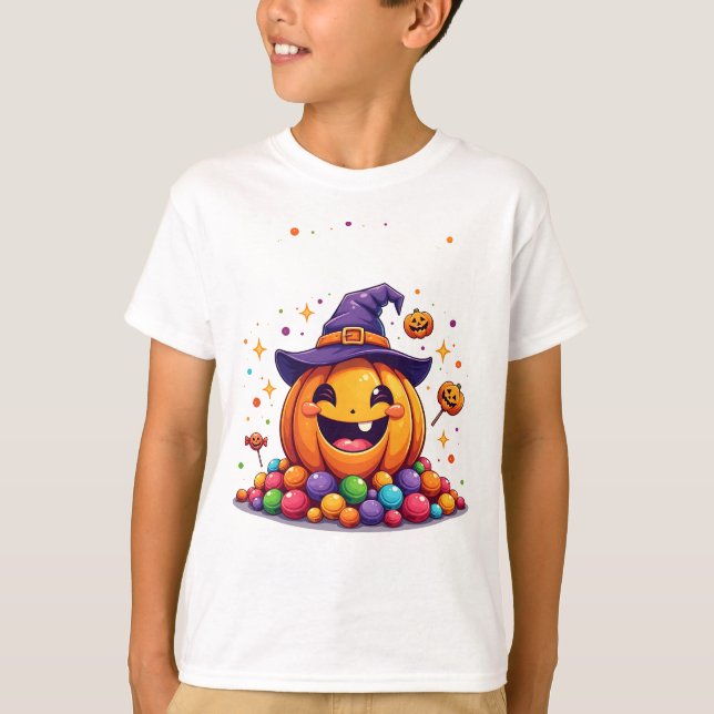 Cute Pumpkin Candy Pile Halloween T-Shirt (Front)