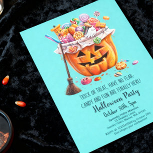 Cute Pumpkin Candy Treats Bucket Halloween Party  Invitation
