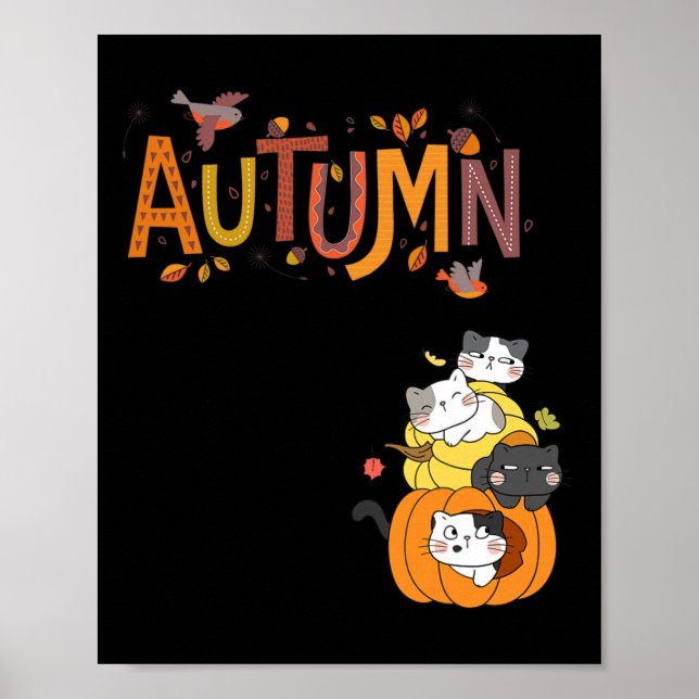 Cute Pumpkin Cats Hello Fall Autumn Funny  Poster (Front)