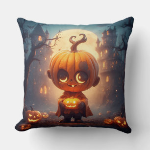 Cute Pumpkin Character in Spooky Halloween Setting Cushion