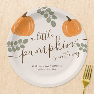 Cute Pumpkin Eucalyptus Fall Baby Shower Paper Plate