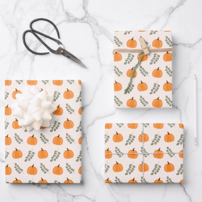 Cute Pumpkin Eucalyptus Fall Pattern Wrapping Paper Sheet (Front)