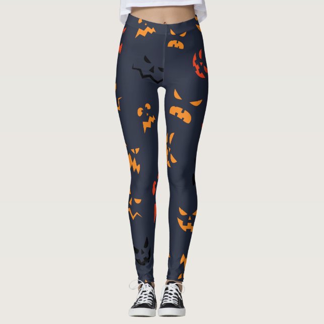 Cute Pumpkin Faces Pattern Halloween Leggings (Front)
