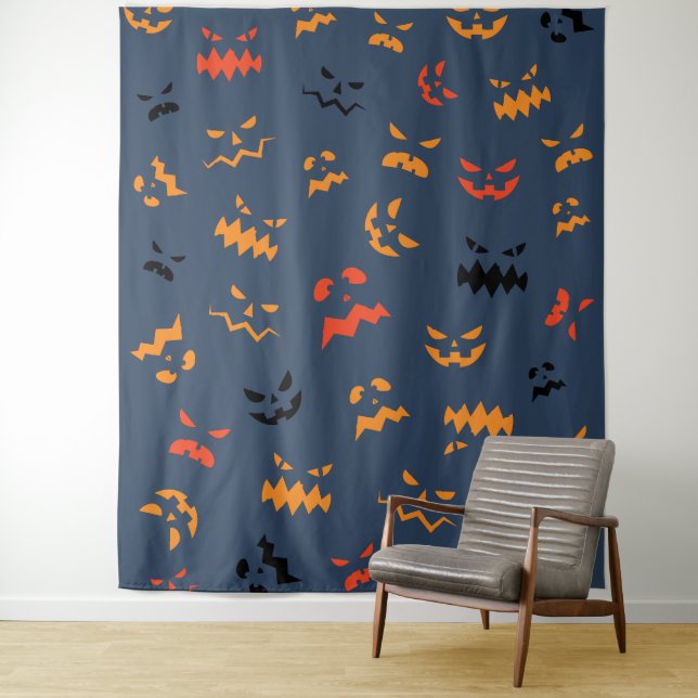 Cute Pumpkin Faces Pattern Halloween Wall Tapestry (In Situ)