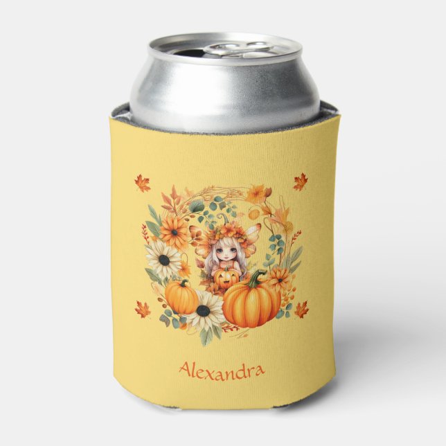 Cute Pumpkin Fairy in Autumn Wreath Can Cooler (Can Front)