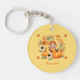 Cute Pumpkin Fairy in Autumn Wreath Key Ring