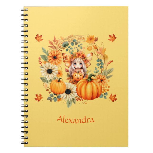 Cute Pumpkin Fairy in Autumn Wreath Notebook (Front)