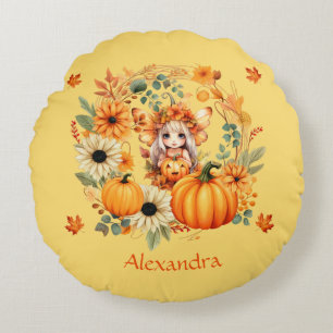 Cute Pumpkin Fairy in Autumn Wreath Round Cushion