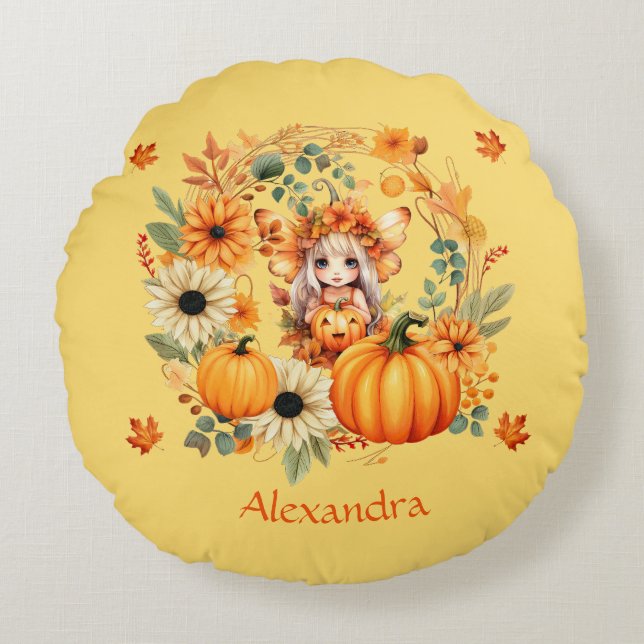 Cute Pumpkin Fairy in Autumn Wreath Round Cushion (Front)