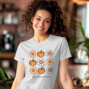 Cute Pumpkin Fall Retro Name Happy Face Flowers T-Shirt