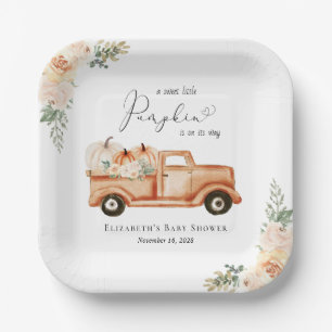 Cute Pumpkin Floral Watercolor Truck Baby Shower Paper Plate