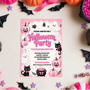Cute Pumpkin Ghost Boo Pink Halloween Party Invitation