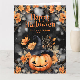 Cute Pumpkin Ghost Floral Happy Halloween Card