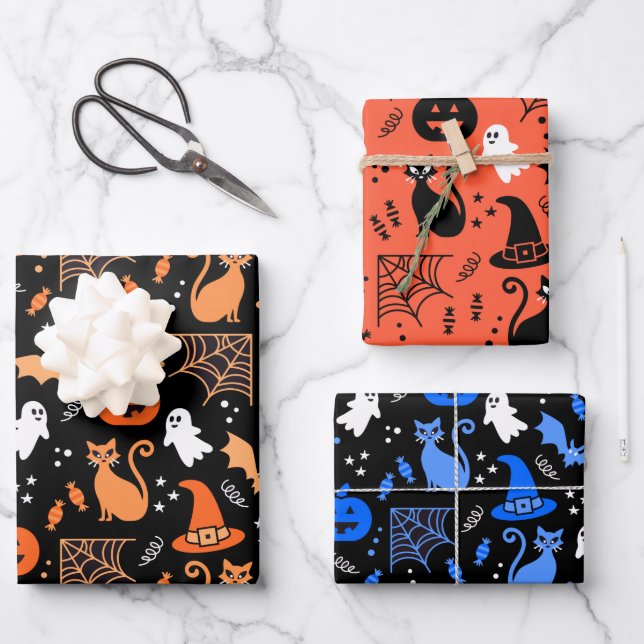 Cute Pumpkin Ghost Halloween Pattern Wrapping Paper Sheet (Front)