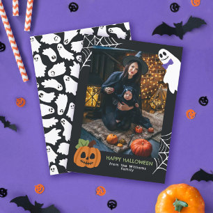 Cute Pumpkin & Ghost Happy Halloween Photo Holiday Card