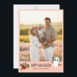 Cute Pumpkin Ghost Happy Halloween Photo Holiday Card<br><div class="desc">Wish your friends and family a happy Halloween with this blush pink photo card you personalise with a big family photo. A happy pumpkin and a cute ghost flank the charming text.</div>