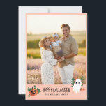 Cute Pumpkin Ghost Happy Halloween Photo Holiday Card<br><div class="desc">Wish your friends and family a happy Halloween with this blush pink photo card you personalise with a big family photo. A happy pumpkin and a cute ghost flank the charming text.</div>