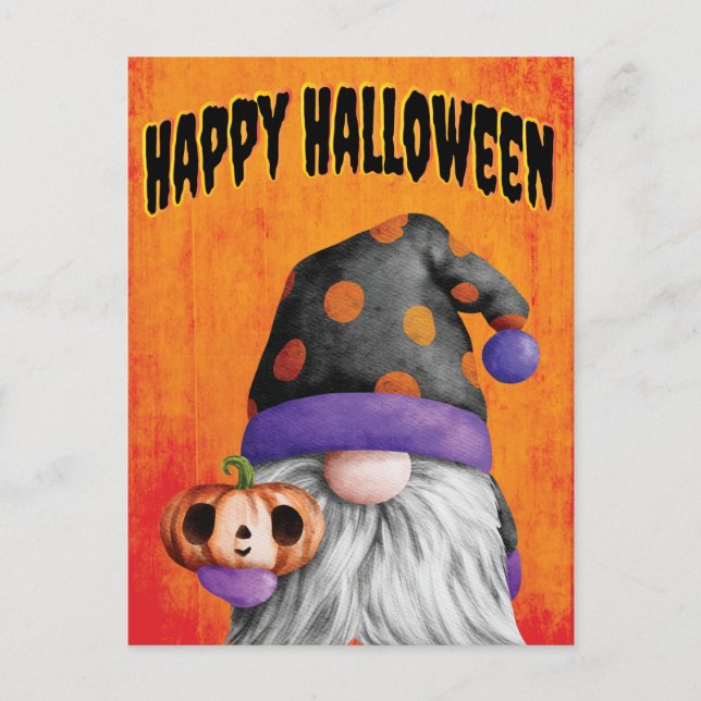 Cute Pumpkin Gnome Happy Halloween Postcard (Front)