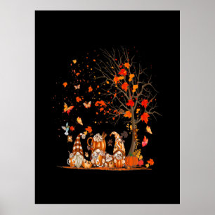 Cute Pumpkin Gnomes Autumn Tree Fall Leaves Poster