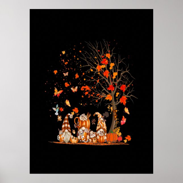 Cute Pumpkin Gnomes Autumn Tree Fall Leaves Poster (Front)