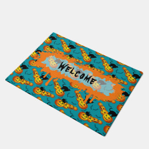 Cute Pumpkin Halloween Dusty Blue Pattern Welcome Doormat