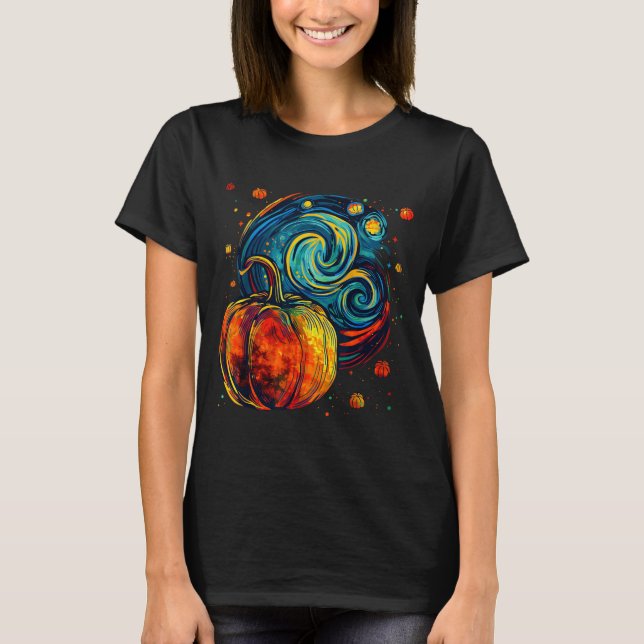 Cute Pumpkin Halloween Thanksgiving Starry Night V T-Shirt (Front)