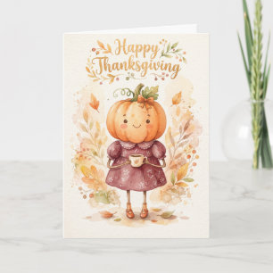 Cute Pumpkin Head Girl Holding A Mug Holiday Card