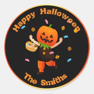 Cute Pumpkin Head Trick or Treater Halloween Classic Round Sticker