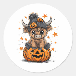 Cute Pumpkin Highland Cow Halloween Cow Lover Boy  Classic Round Sticker