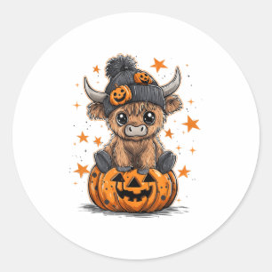 Cute Pumpkin Highland Cow Halloween Cow Lover Boy  Classic Round Sticker