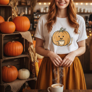 Cute pumpkin holding coffee mug Fall T-Shirt