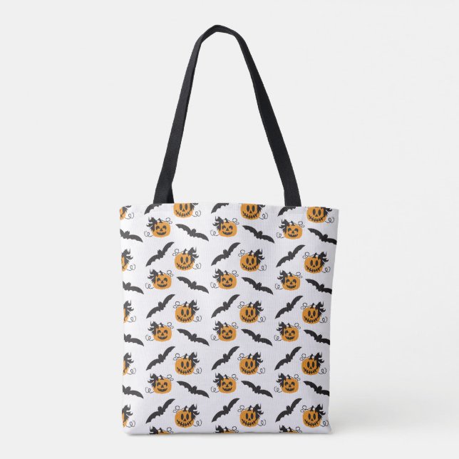 Cute Pumpkin Jack O Lantern Bat Black Orange Tote Bag (Back)