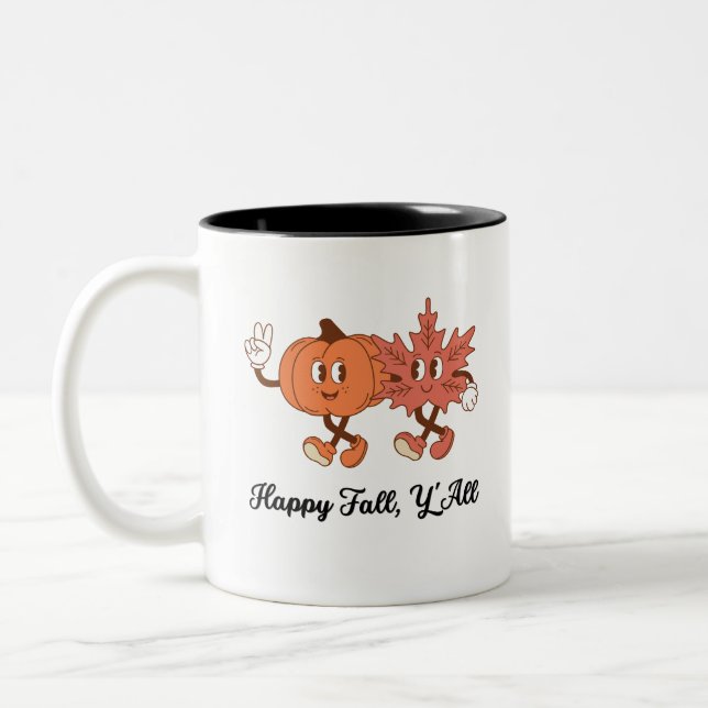 Cute Pumpkin & Leaf Fall Friends Art Two-Tone Coffee Mug (Left)