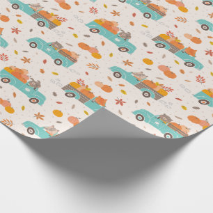 Cute Pumpkin Patch Trucks with Animals cream Wrapping Paper