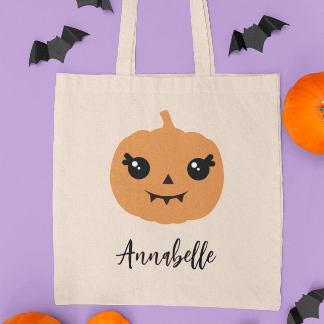 Cute Pumpkin Personalised Halloween Trick or Treat Tote Bag (Creator Uploaded)