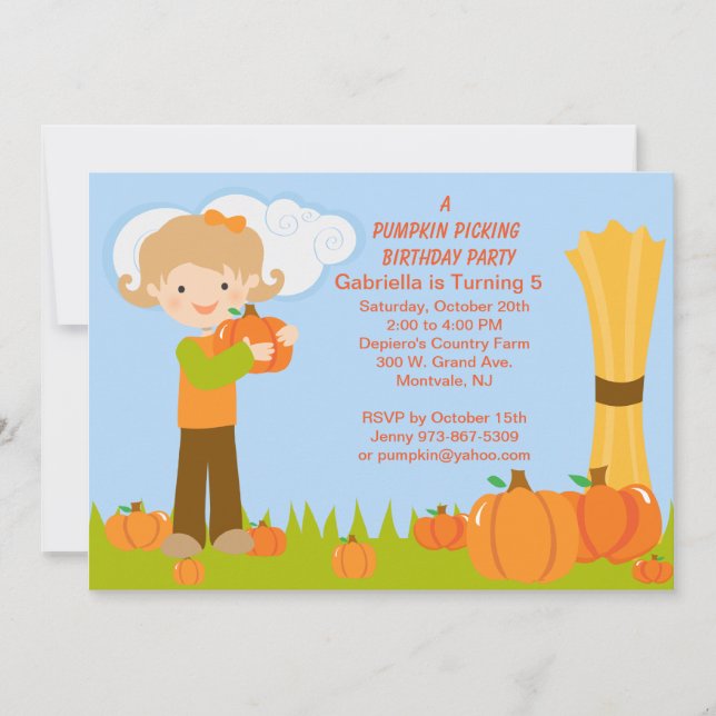 Cute Pumpkin Picking Birthday Party Invitation (Front)