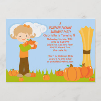 Cute Pumpkin Picking Birthday Party Invitation